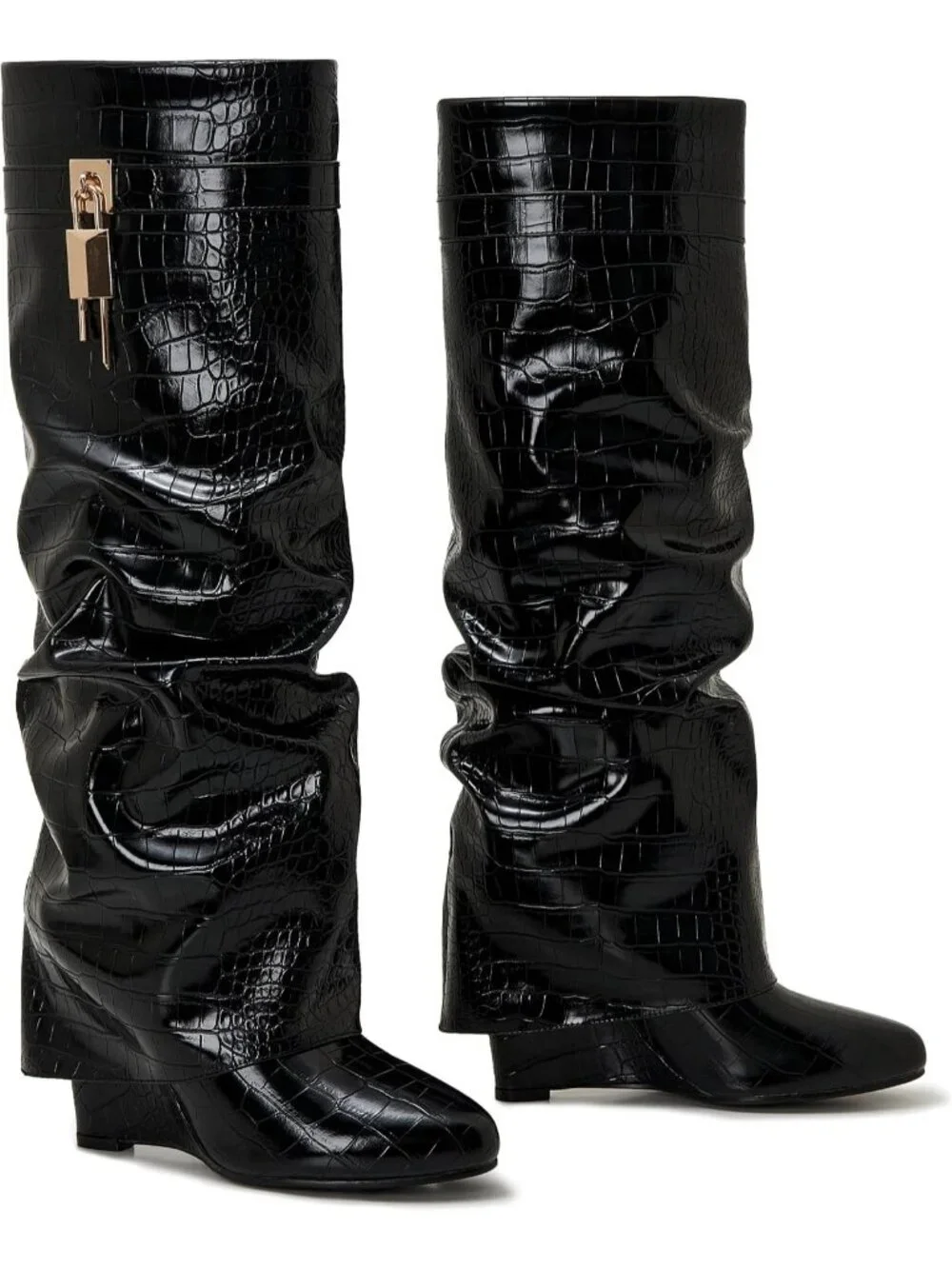 Women's Black Pointy Pull-on Side Zipper Padlock Fold Over Knee High Boots